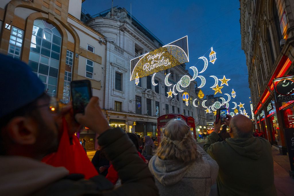 LONDON, UNITED KINGDOM - MARCH 22: For the first time ever, London's famous Coventry Street is decorated with Ramadan ornaments, marking the start of the muslims' holy month in United Kingdom, on March 22, 2023. Located near the Leicester Square, Conventry Street is a major tourist attraction in the city. (Photo by Rasid Necati Aslim/Anadolu Agency via Getty Images)