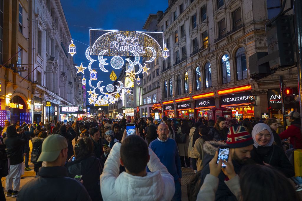 LONDON, UNITED KINGDOM - MARCH 22: For the first time ever, London's famous Coventry Street is decorated with Ramadan ornaments, marking the start of the muslims' holy month in United Kingdom, on March 22, 2023. Located near the Leicester Square, Conventry Street is a major tourist attraction in the city. (Photo by Rasid Necati Aslim/Anadolu Agency via Getty Images)