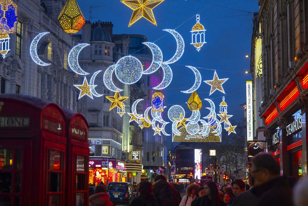 LONDON, UNITED KINGDOM - MARCH 22: For the first time ever, London's famous Coventry Street is decorated with Ramadan ornaments, marking the start of the muslims' holy month in United Kingdom, on March 22, 2023. Located near the Leicester Square, Conventry Street is a major tourist attraction in the city. (Photo by Rasid Necati Aslim/Anadolu Agency via Getty Images)