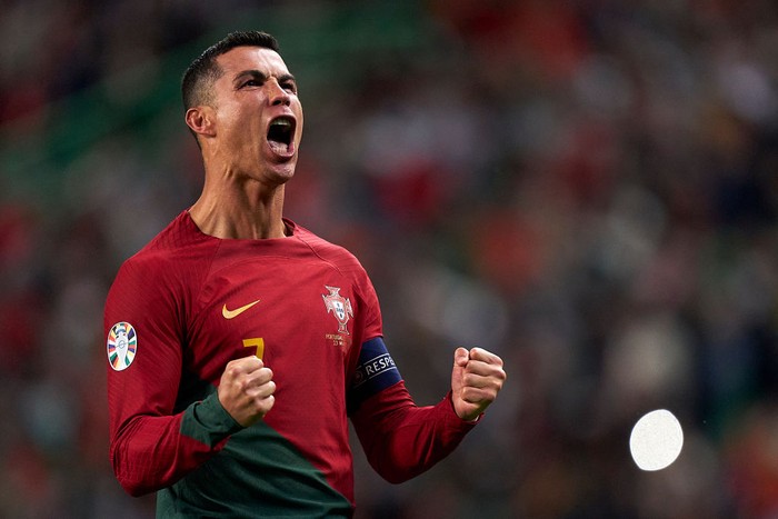 Cristiano Ronaldo LISBON, PORTUGAL - MARCH 23: Cristiano Ronaldo of Portugal celebrates after scoring his team's third goal during the UEFA EURO 2024 qualifying round group J match between Portugal and Liechtenstein at Estadio Jose Alvalade on March 23, 2023 in Lisbon, Portugal. (Photo by Jose Manuel Alvarez/Quality Sport Images/Getty Images)