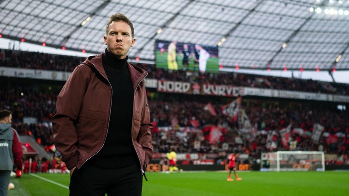 19 March 2023, North Rhine-Westphalia, Leverkusen: Soccer: Bundesliga, Bayer Leverkusen - Bayern Munich, Matchday 25, BayArena. Bayer coach Julian Nagelsmann looks ahead to the match. Photo: Marius Becker/dpa - IMPORTANT NOTE: In accordance with the requirements of the DFL Deutsche Fußball Liga and the DFB Deutscher Fußball-Bund, it is prohibited to use or have used photographs taken in the stadium and/or of the match in the form of sequence pictures and/or video-like photo series. (Photo by Marius Becker/picture alliance via Getty Images)