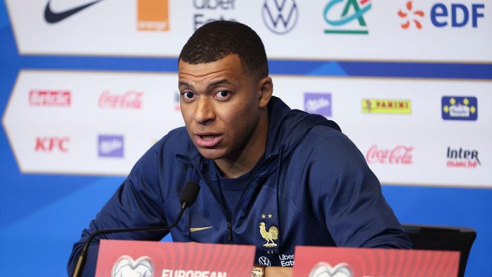 PARIS, FRANCE - MARCH 23: Kylian Mbappe of France answers to the media during a press conference on the eve of an Euro 2024 qualifier between France and Netherlands at Stade de France on March 23, 2023 in Saint-Denis near Paris, France. (Photo by Jean Catuffe/Getty Images)