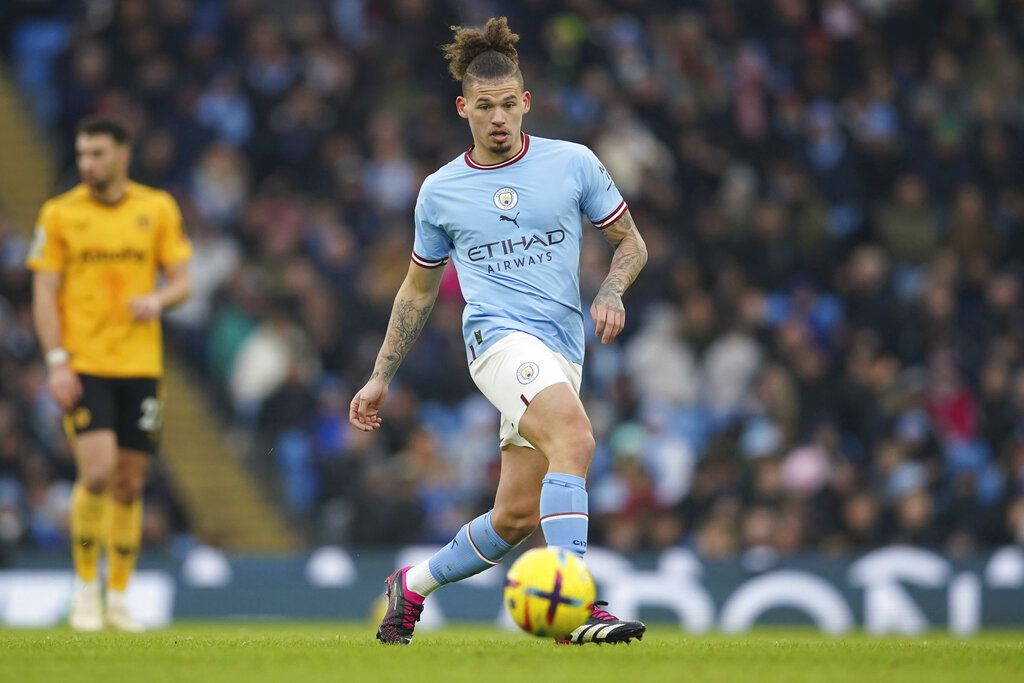 Manchester City's Kalvin Phillips is in action during the English Premier League soccer match between Manchester City and Wolverhampton at the Etihad Stadium in Manchester, England, Sunday, Jan. 22, 2023. (AP Photo/Dave Thompson)