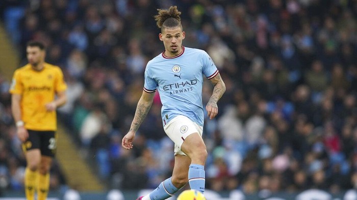 Manchester Citys Kalvin Phillips is in action during the English Premier League soccer match between Manchester City and Wolverhampton at the Etihad Stadium in Manchester, England, Sunday, Jan. 22, 2023. (AP Photo/Dave Thompson)