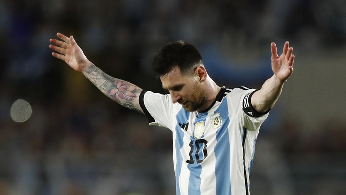 Soccer Football - International Friendly - Argentina v Panama - Estadio Monumental, Buenos Aires, Argentina - March 23, 2023 Argentinas Lionel Messi celebrates scoring their second goal REUTERS/Agustin Marcarian