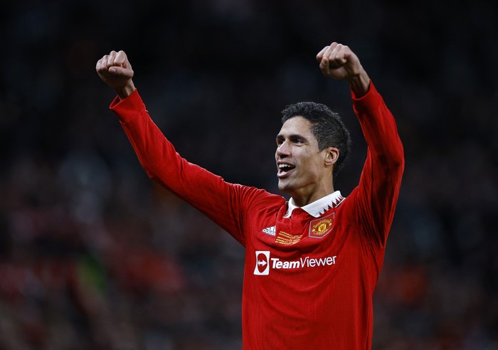 Soccer Football - Carabao Cup - Final - Manchester United v Newcastle United - Wembley Stadium, London, Britain - February 26, 2023  Manchester Uniteds Raphael Varane celebrates after winning the Carabao Cup final Action Images via Reuters/John Sibley EDITORIAL USE ONLY. No use with unauthorized audio, video, data, fixture lists, club/league logos or live services. Online in-match use limited to 75 images, no video emulation. No use in betting, games or single club /league/player publications.  Please contact your account representative for further details.