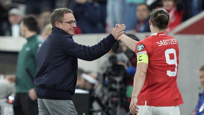 LINZ, AUSTRIA - MARCH 24: Head coach Ralf Rangnick of Austria and Marcel Sabitzer of Austria during the UEFA EURO 2024 qualifying round group F match between Austria and Azerbaijan at Raiffeisen Arena on March 24, 2023 in Linz, Austria. (Photo by Guenther Iby/SEPA.Media /Getty Images)