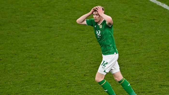 Mike Maignan, Nathan Collins Dublin , Ireland - 27 March 2023; Nathan Collins of Republic of Ireland reacts after his header was saved by France goalkeeper Mike Maignan during the UEFA EURO 2024 Championship Qualifier match between Republic of Ireland and France at Aviva Stadium in Dublin. (Photo By Piaras Ó Mídheach/Sportsfile via Getty Images)