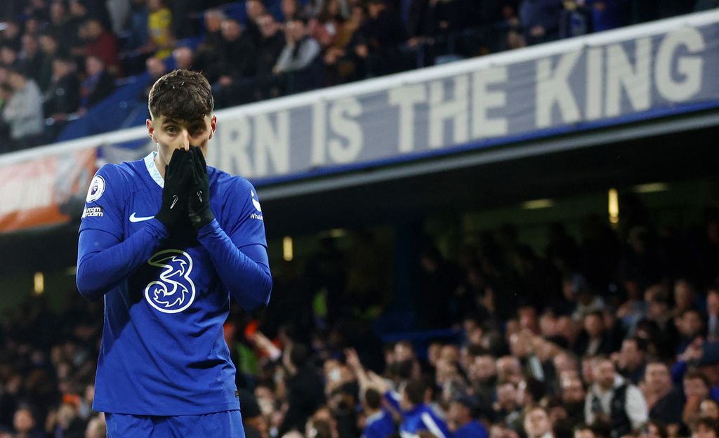 Soccer Football - Premier League - Chelsea v Everton - Stamford Bridge, London, Britain - March 18, 2023 Chelsea's Kai Havertz celebrates scoring their second goal REUTERS/Hannah Mckay EDITORIAL USE ONLY. No use with unauthorized audio, video, data, fixture lists, club/league logos or 'live' services. Online in-match use limited to 75 images, no video emulation. No use in betting, games or single club /league/player publications.  Please contact your account representative for further details.