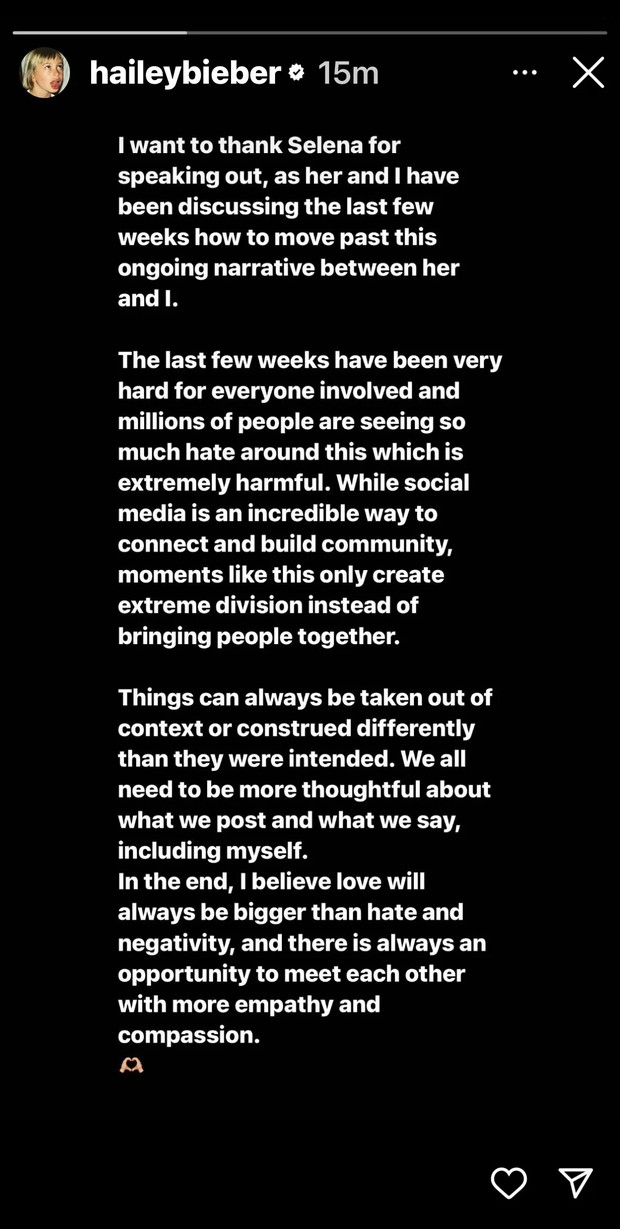 Postingan Balasan Hailey Baldwin/Foto: Instagram Story/Hailey Bieber Postingan Balasan Hailey Baldwin/Foto: Instagram Story/Hailey Bieber