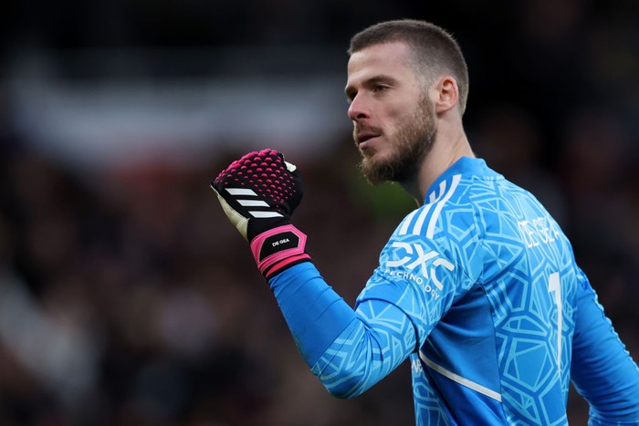 MANCHESTER, ENGLAND - MARCH 19: David De Gea of Manchester United celebrates after Marcel Sabitzer of Manchester United scores the teams second goal during the Emirates FA Cup Quarter Final match between Manchester United and Fulham at Old Trafford on March 19, 2023 in Manchester, England. (Photo by Clive Brunskill/Getty Images)