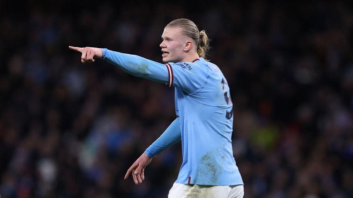 MANCHESTER, ENGLAND - MARCH 18:  Erling Haaland of Manchester City reacts during the Emirates FA Cup Quarter Final match between Manchester City and Burnley at Etihad Stadium on March 18, 2023 in Manchester, England. (Photo by Alex Livesey - Danehouse/Getty Images)