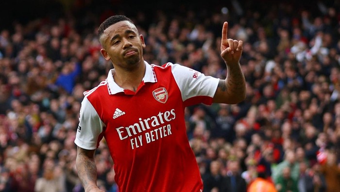 Soccer Football - Premier League - Arsenal v Leeds United - Emirates Stadium, London, Britain - April 1, 2023  Arsenals Gabriel Jesus celebrates scoring their first goal Action Images via Reuters/Matthew Childs EDITORIAL USE ONLY. No use with unauthorized audio, video, data, fixture lists, club/league logos or live services. Online in-match use limited to 75 images, no video emulation. No use in betting, games or single club /league/player publications.  Please contact your account representative for further details.