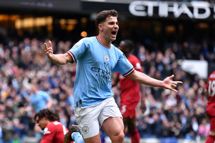 MANCHESTER, ENGLAND - APRIL 01: Julian Alvarez of Manchester City celebrates his goal during the Premier League match between Manchester City and Liverpool FC at Etihad Stadium on April 01, 2023 in Manchester, United Kingdom. (Photo by Will Palmer/Sportsphoto/Allstar via Getty Images)