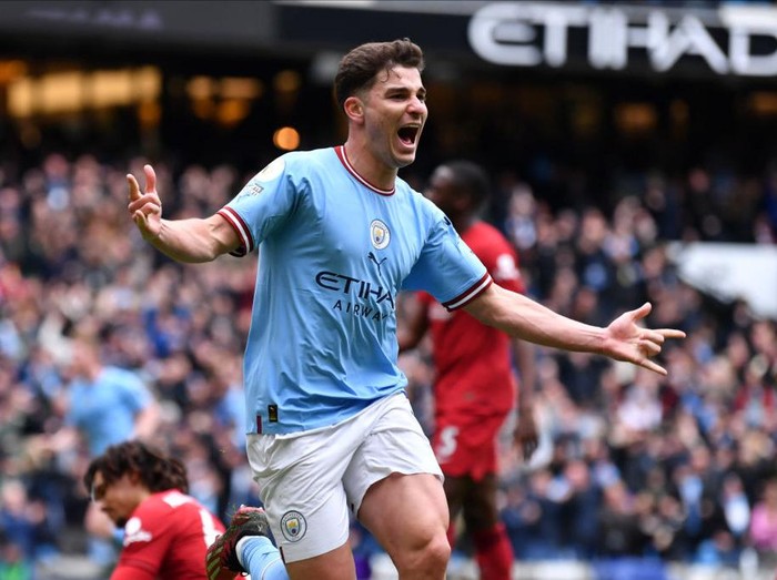 MANCHESTER, ENGLAND - APRIL 01: Julian Alvarez of Manchester City celebrates his goal during the Premier League match between Manchester City and Liverpool FC at Etihad Stadium on April 01, 2023 in Manchester, United Kingdom. (Photo by Will Palmer/Sportsphoto/Allstar via Getty Images)