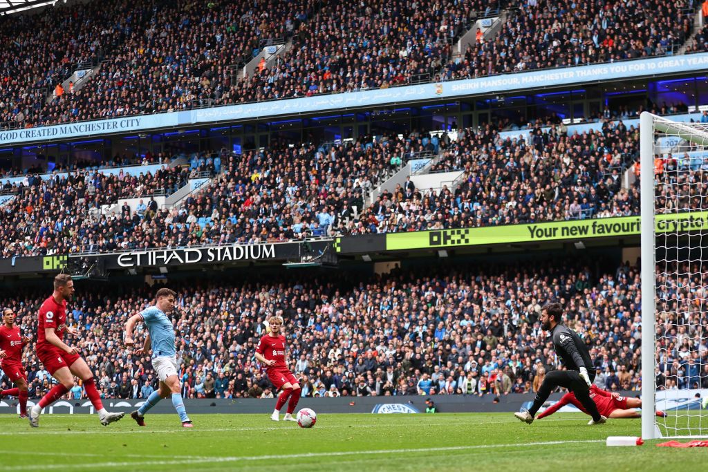 MANCHESTER, ENGLAND - APRIL 01: Julian Alvarez of Manchester City celebrates his goal during the Premier League match between Manchester City and Liverpool FC at Etihad Stadium on April 01, 2023 in Manchester, United Kingdom. (Photo by Will Palmer/Sportsphoto/Allstar via Getty Images)