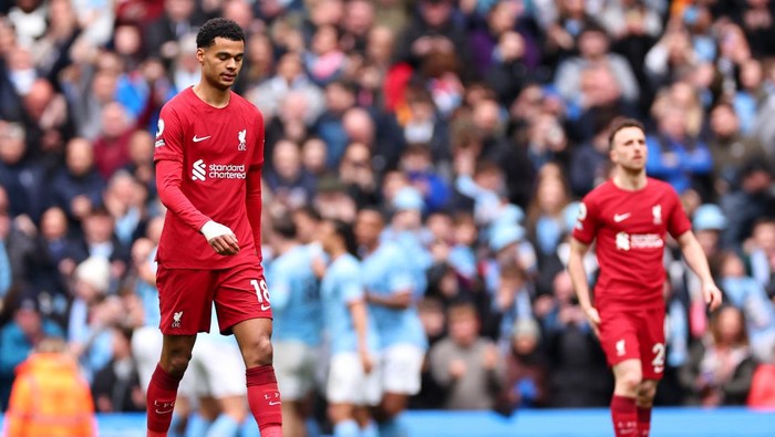 MANCHESTER, ENGLAND - APRIL 01: A dejected Cody Gakpo of Liverpool during the Premier League match between Manchester City and Liverpool FC at Etihad Stadium on April 1, 2023 in Manchester, United Kingdom. (Photo by Robbie Jay Barratt - AMA/Getty Images)