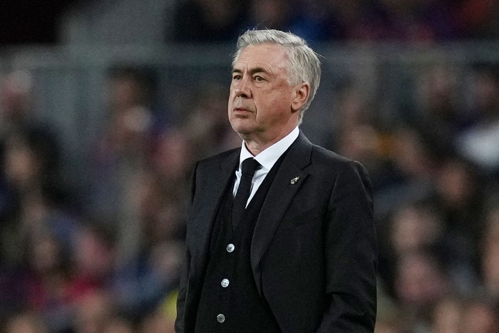 BARCELONA, SPAIN - MARCH 19: Carlo Ancelotti, Manager of Real Madrid, looks on during the LaLiga Santander match between FC Barcelona and Real Madrid CF at Spotify Camp Nou on March 19, 2023 in Barcelona, Spain. (Photo by Alex Caparros/Getty Images)