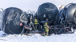 Sisa-sisa Kereta Angkut Bahan Kimia Anjlok hingga Terbakar di AS