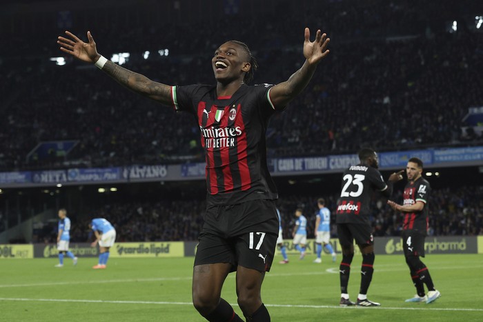 AC Milans Rafael Leao celebrates scoring his sides third goal during the Serie A soccer match between Napoli and AC Milan, in Naples, Italy, Sunday, April 2, 2023. (Alessandro Garofalo/LaPresse via AP)