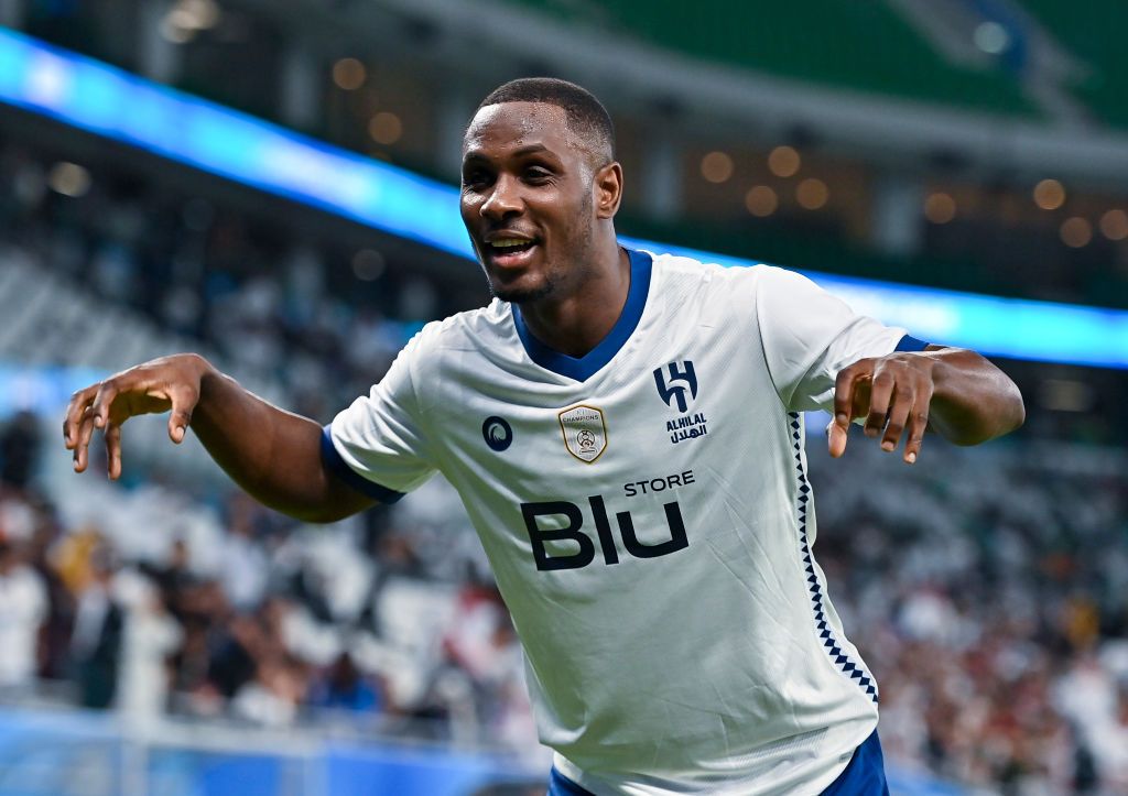 Odion Jude Ighalo of Saudi Arabias Al Hilal Saudi FC celebrates after scoring during the AFC Champions League 2022 semi-finals match between Al Hilal Saudi FC and Al Duhal SC at Al Thumama Stadium in Doha, Qatar on 26 February 2023.Al Hilal Saudi FC won 7-0 (Photo by Noushad Thekkayil/NurPhoto via Getty Images)