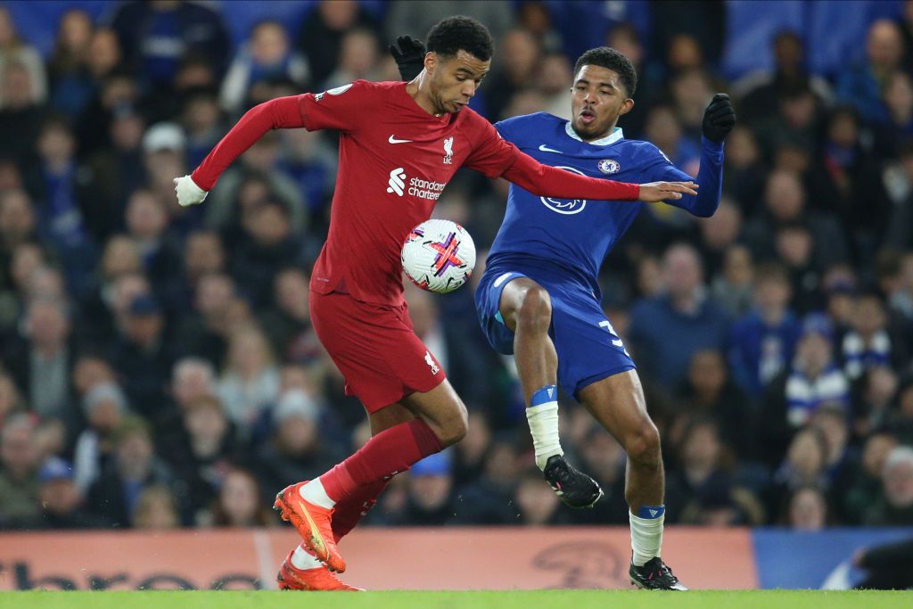 LONDON, ENGLAND - APRIL 04: Cody Gakpo of Liverpool and Wesley Fofana of Chelsea challenge during the Premier League match between Chelsea and Liverpool FC at Stamford Bridge on April 04, 2023 in London, England. (Photo by Nigel French/Sportsphoto/Allstar via Getty Images)