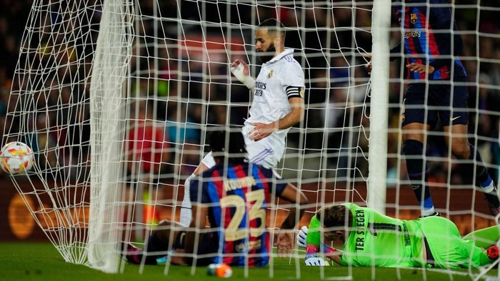 Vinicius Junior left winger of Real Madrid and Brazil reacts during the Copa del Rey semi final second leg match between FC Barcelona and Real Madrid at Spotify Camp Nou on April 5, 2023 in Barcelona, Spain. (Photo by Jose Breton/Pics Action/NurPhoto via Getty Images)