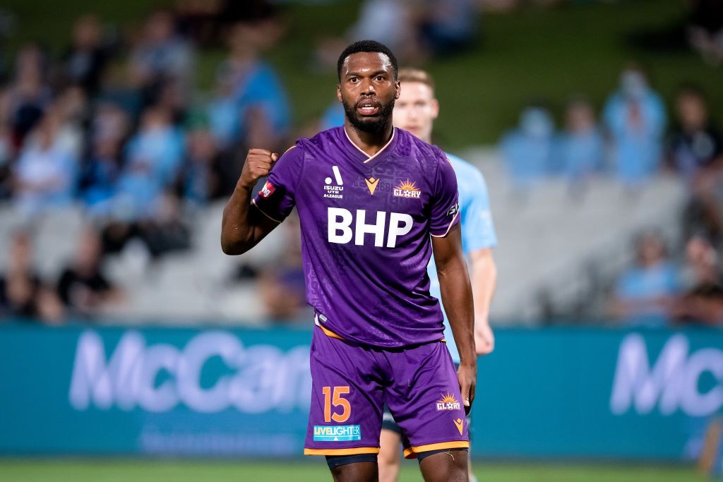 SYDNEY, AUSTRALIA - JANUARY 22: Daniel Sturridge of Perth Glory pumps his fist during the A-League soccer match between Sydney FC and Perth Glory at Netstrata Jubilee Stadium on January 22, 2022 in Sydney, Australia. (Photo by Steven Markham/Icon Sportswire via Getty Images)