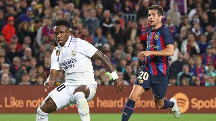 Vinicius Junior is scoring during the match between FC Barcelona and Real Madrid CF, corresponding to the second leg of the Copa del Rey Semi-Finals, being played at the Spotify Camp Nou Stadium in Barcelona, on April 5th, 2023. (Photo by Joan Valls/Urbanandsport /NurPhoto via Getty Images)