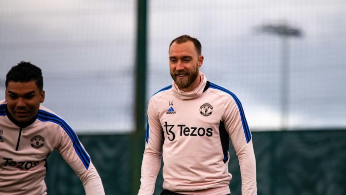 MANCHESTER, ENGLAND - APRIL 06: (EXCLUSIVE COVERAGE)  Christian Eriksen of Manchester United in action during a first team training session at Carrington Training Ground on April 06, 2023 in Manchester, England. (Photo by Ash Donelon/Manchester United via Getty Images)