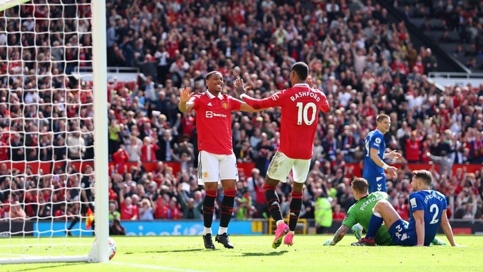 MANCHESTER, ENGLAND - APRIL 08: Anthony Martial of Manchester United celebrates after scoring a goal to make it 2-0 during the Premier League match between Manchester United and Everton FC at Old Trafford on April 8, 2023 in Manchester, United Kingdom. (Photo by Robbie Jay Barratt - AMA/Getty Images)