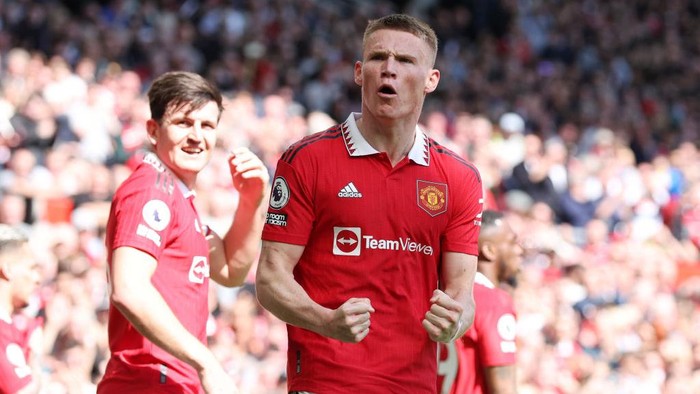 MANCHESTER, ENGLAND - APRIL 08: Scott McTominay of Manchester United celebrates after scoring the team's first goal during the Premier League match between Manchester United and Everton FC at Old Trafford on April 08, 2023 in Manchester, England. (Photo by Jan Kruger/Getty Images)