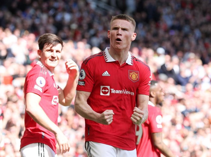 MANCHESTER, ENGLAND - APRIL 08: Scott McTominay of Manchester United celebrates after scoring the team's first goal during the Premier League match between Manchester United and Everton FC at Old Trafford on April 08, 2023 in Manchester, England. (Photo by Jan Kruger/Getty Images)