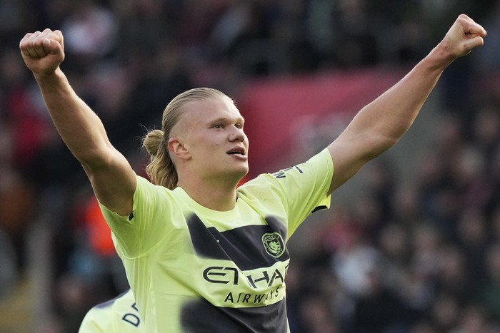 Manchester Citys Erling Haaland celebrates after scoring his sides third goal during the English Premier League soccer match between Southampton and Manchester City at St Marys Stadium in Southampton, England, Saturday, April 8, 2023. (AP Photo/Frank Augstein)