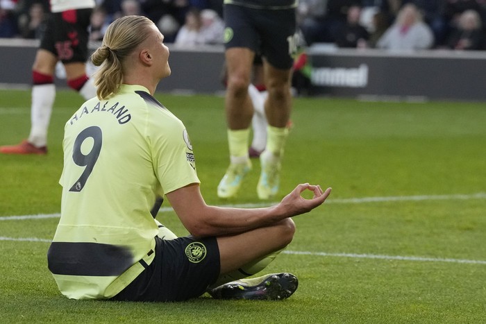 Manchester Citys Erling Haaland celebrates after scoring his sides third goal during the English Premier League soccer match between Southampton and Manchester City at St Marys Stadium in Southampton, England, Saturday, April 8, 2023. (AP Photo/Frank Augstein)