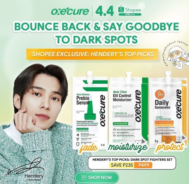 Foto Hendery WayV dan 3 produk andalan Oxecure.