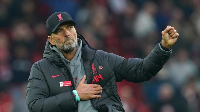 Liverpool manager Jurgen Klopp applauds the fans after the Premier League match at Anfield, Liverpool. Picture date: Sunday April 9, 2023. (Photo by Nick Potts/PA Images via Getty Images)