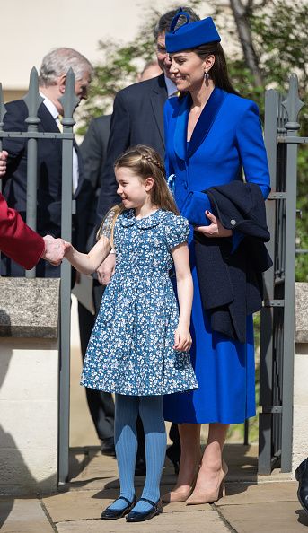 WINDSOR, ENGLAND - APRIL 09: Catherine, Princess of Wales and Princess Charlotte attend the Easter Mattins Service at Windsor Castle on April 09, 2023 in Windsor, England. (Photo by Samir Hussein/WireImage)