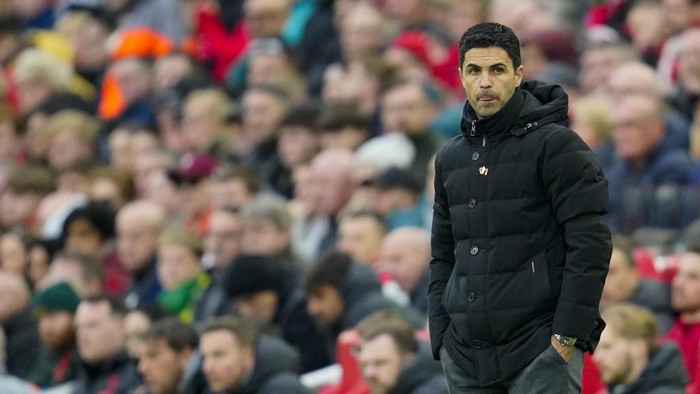 Arsenals manager Mikel Arteta looks on during the English Premier League soccer match between Liverpool and Arsenal at Anfield in Liverpool, England, Sunday, April 9, 2023. (AP Photo/Jon Super)