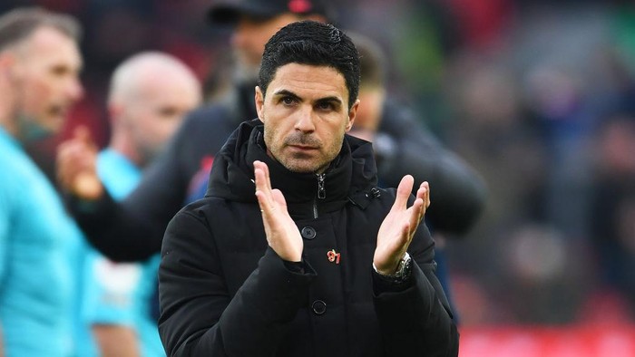 LIVERPOOL, ENGLAND - APRIL 09: Mikel Arteta, Manager of Arsenal, applauds the fans after the Premier League match between Liverpool FC and Arsenal FC at Anfield on April 09, 2023 in Liverpool, England. (Photo by Stuart MacFarlane/Arsenal FC via Getty Images)