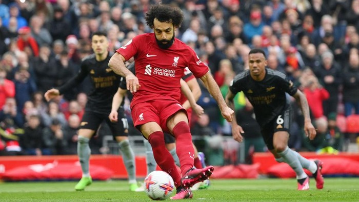 LIVERPOOL, ENGLAND - APRIL 09: Mohamed Salah of Liverpool misses a penalty kick during the Premier League match between Liverpool FC and Arsenal FC at Anfield on April 09, 2023 in Liverpool, England. (Photo by Shaun Botterill/Getty Images)