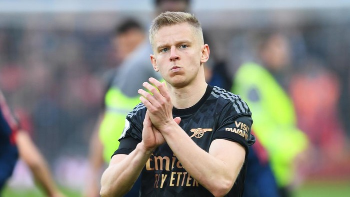 LIVERPOOL, ENGLAND - APRIL 09: Oleksandr Zinchenko of Arsenal applauds the fans after the Premier League match between Liverpool FC and Arsenal FC at Anfield on April 09, 2023 in Liverpool, England. (Photo by Stuart MacFarlane/Arsenal FC via Getty Images)