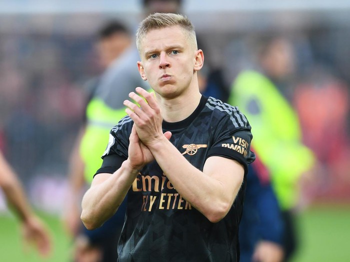 LIVERPOOL, ENGLAND - APRIL 09: Oleksandr Zinchenko of Arsenal applauds the fans after the Premier League match between Liverpool FC and Arsenal FC at Anfield on April 09, 2023 in Liverpool, England. (Photo by Stuart MacFarlane/Arsenal FC via Getty Images)