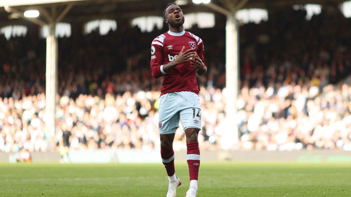 LONDON, ENGLAND - APRIL 08: Maxwel Cornet of West Ham United reacts after a missed chance during the Premier League match between Fulham FC and West Ham United at Craven Cottage on April 08, 2023 in London, England. (Photo by Ryan Pierse/Getty Images)