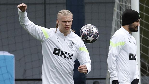 Soccer Football - Champions League - Manchester City Training - Etihad Campus, Manchester, Britain - April 10, 2023 Manchester City's Erling Haaland during training Action Images via Reuters/Jason Cairnduff