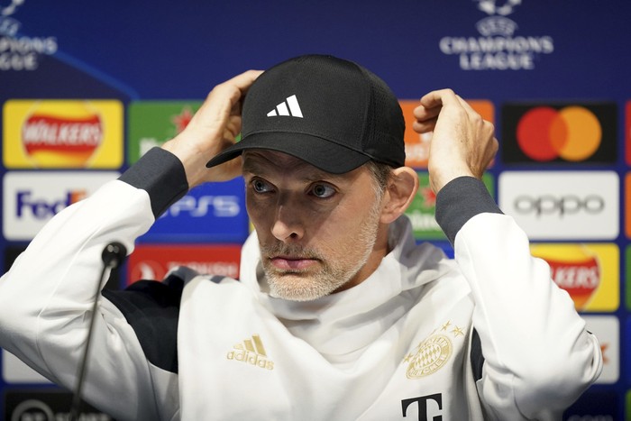 Bayern Munich head coach Thomas Tuchel attends a press conference at the Etihad Stadium, Manchester, England, Monday April 10, 2023, ahead of their Champions League quarterfinal match against Manchester City. (Mike Egerton/PA via AP)