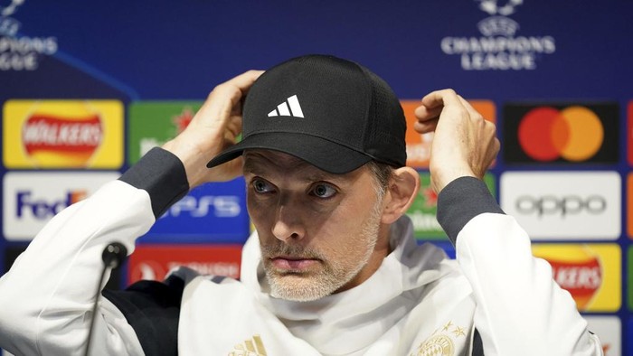 Bayern Munich head coach Thomas Tuchel attends a press conference at the Etihad Stadium, Manchester, England, Monday April 10, 2023, ahead of their Champions League quarterfinal match against Manchester City. (Mike Egerton/PA via AP)