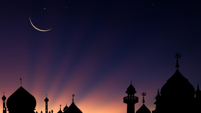 Mosques dome on dusk sunset sky and crescent moon symbol religion of Islamic free space text with bulan pahala month, Eid Al Adha, Eid Ul Fitr, Muharram Jadwal Puasa Tasua