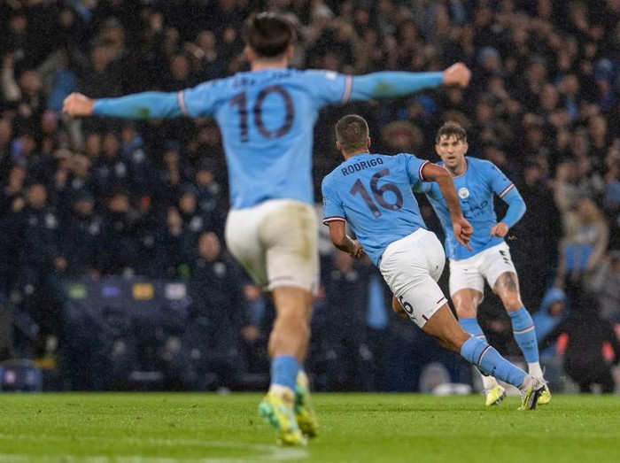 MANCHESTER, ENGLAND - APRIL 11: Rodrigo of Manchester City clebrates after scoring opening goal during the UEFA Champions League quarterfinal first leg match between Manchester City and FC Bayern München at Etihad Stadium on April 11, 2023 in Manchester, United Kingdom. (Photo by Richard Callis/Eurasia Sport Images/Getty Images)