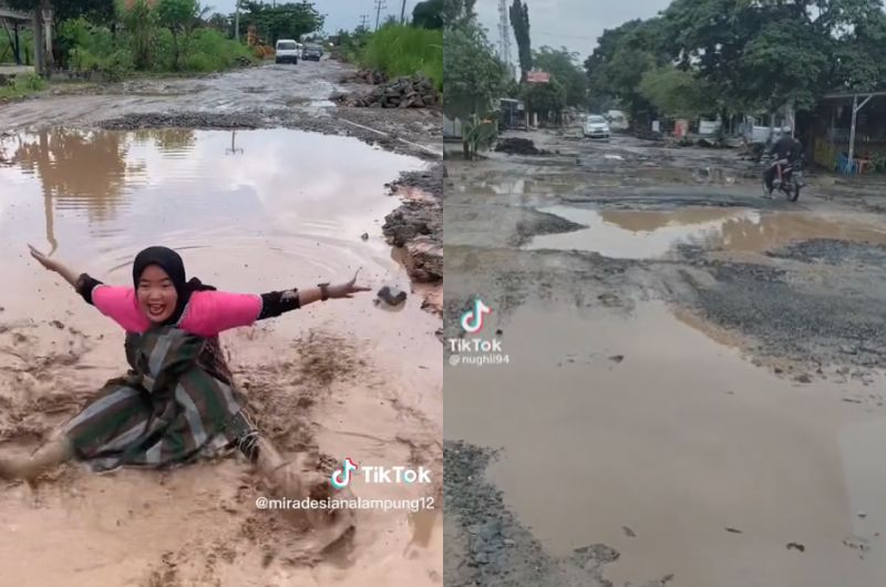 Kondisi jalan di Rumbia, Lampung Tengah. (Foto: TikTok @miradesianalampung12 | TikTok @nughii94)